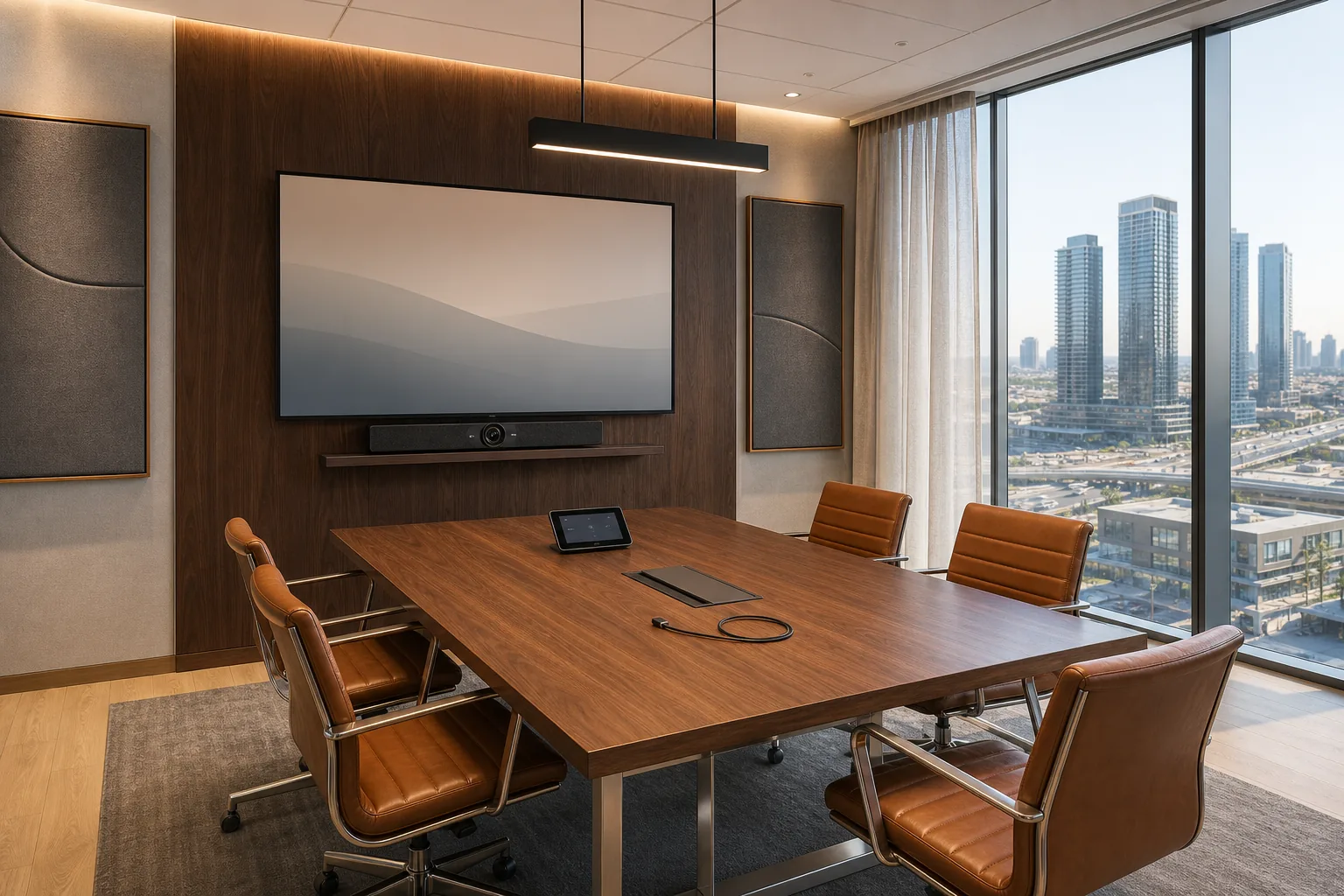 Executive meeting room on a corporate floor of a Vaughan Metropolitan Centre Class-A office tower with an 85-inch commercial display, a Logitech Rally Bar Pro, and a walnut table with integrated USB-C table-box