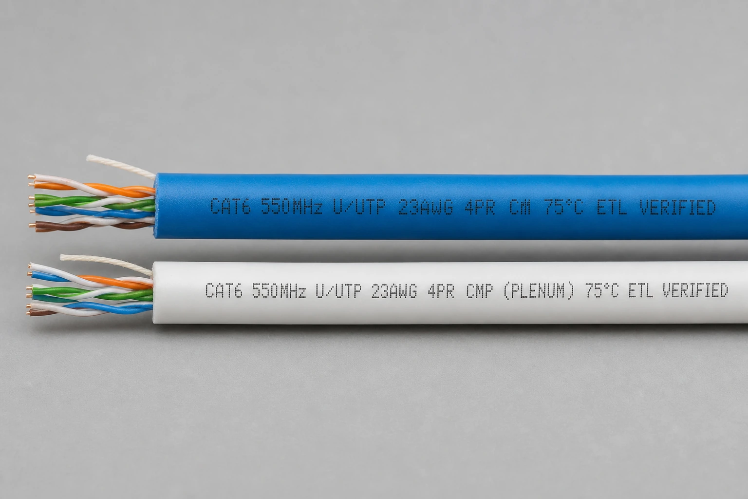 Close-up of network cable jackets printed with FT4 and FT6 CSA flame-test ratings, showing where the fire rating is marked