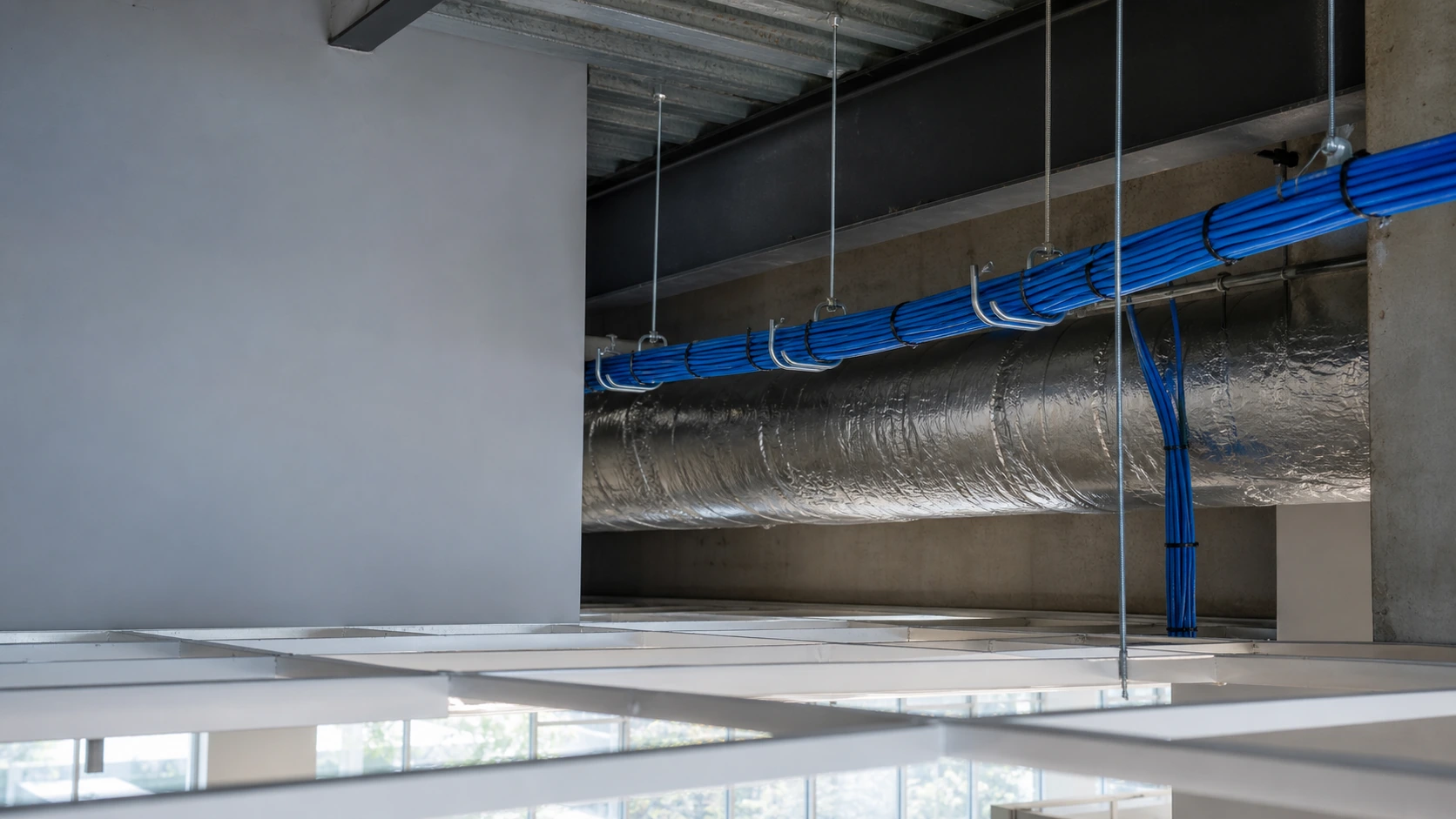 Network cable run cleanly above the suspended ceiling of an Ontario office, where the FT4 or FT6 fire rating depends on whether the ceiling moves return air