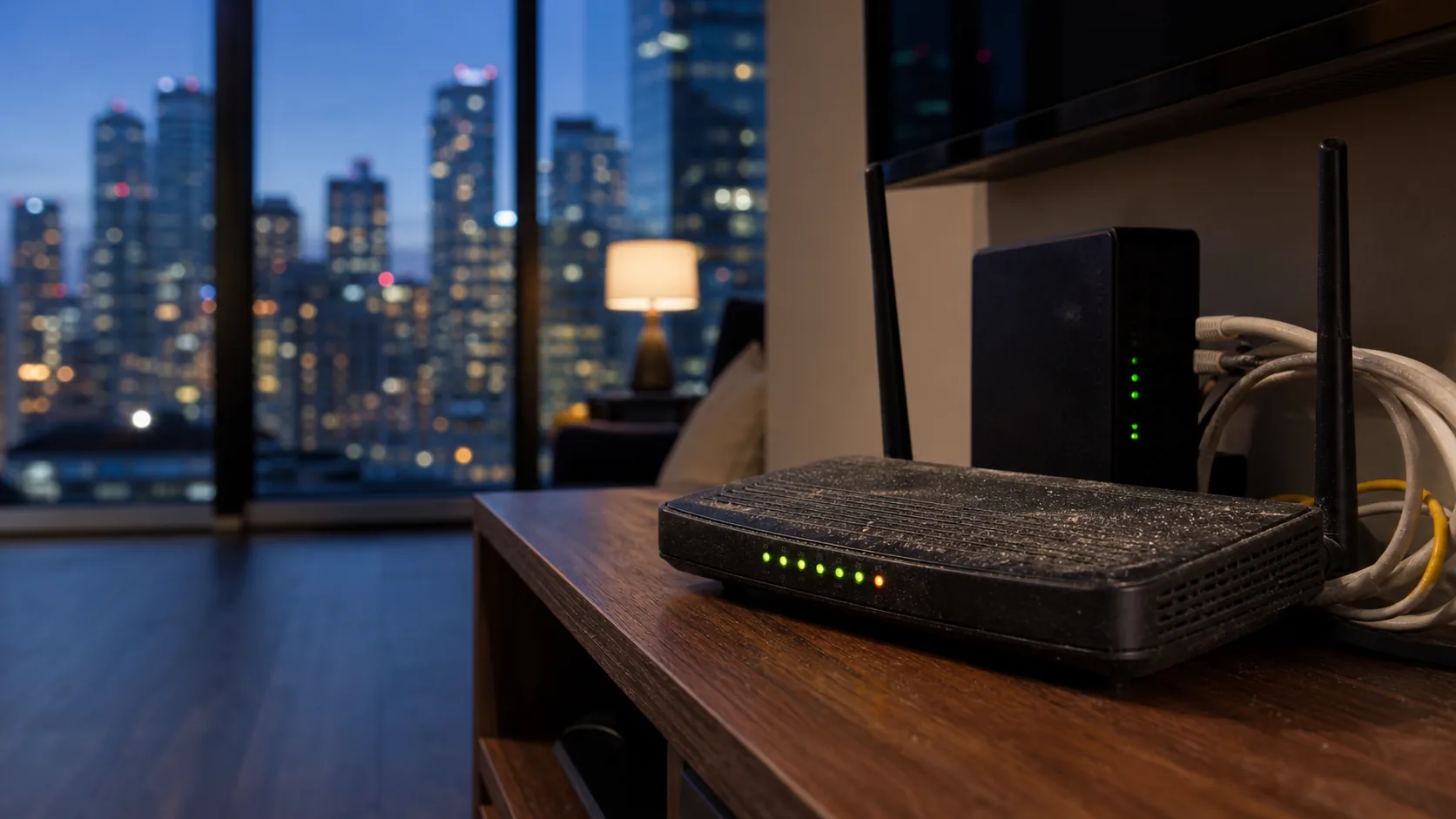 An aging consumer Wi-Fi router with dust on its casing sitting on a media shelf in a Toronto condo living room at dusk, status lights glowing