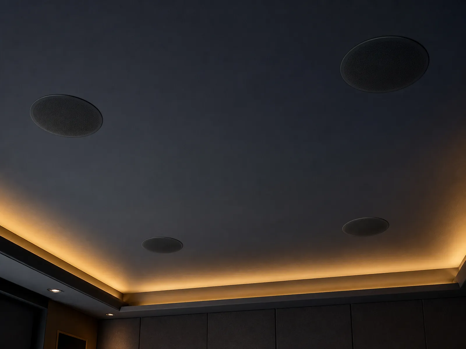 Four flush in-ceiling Dolby Atmos height speakers in a precisely finished Mississauga home theatre ceiling, painted to match the deep matte surface