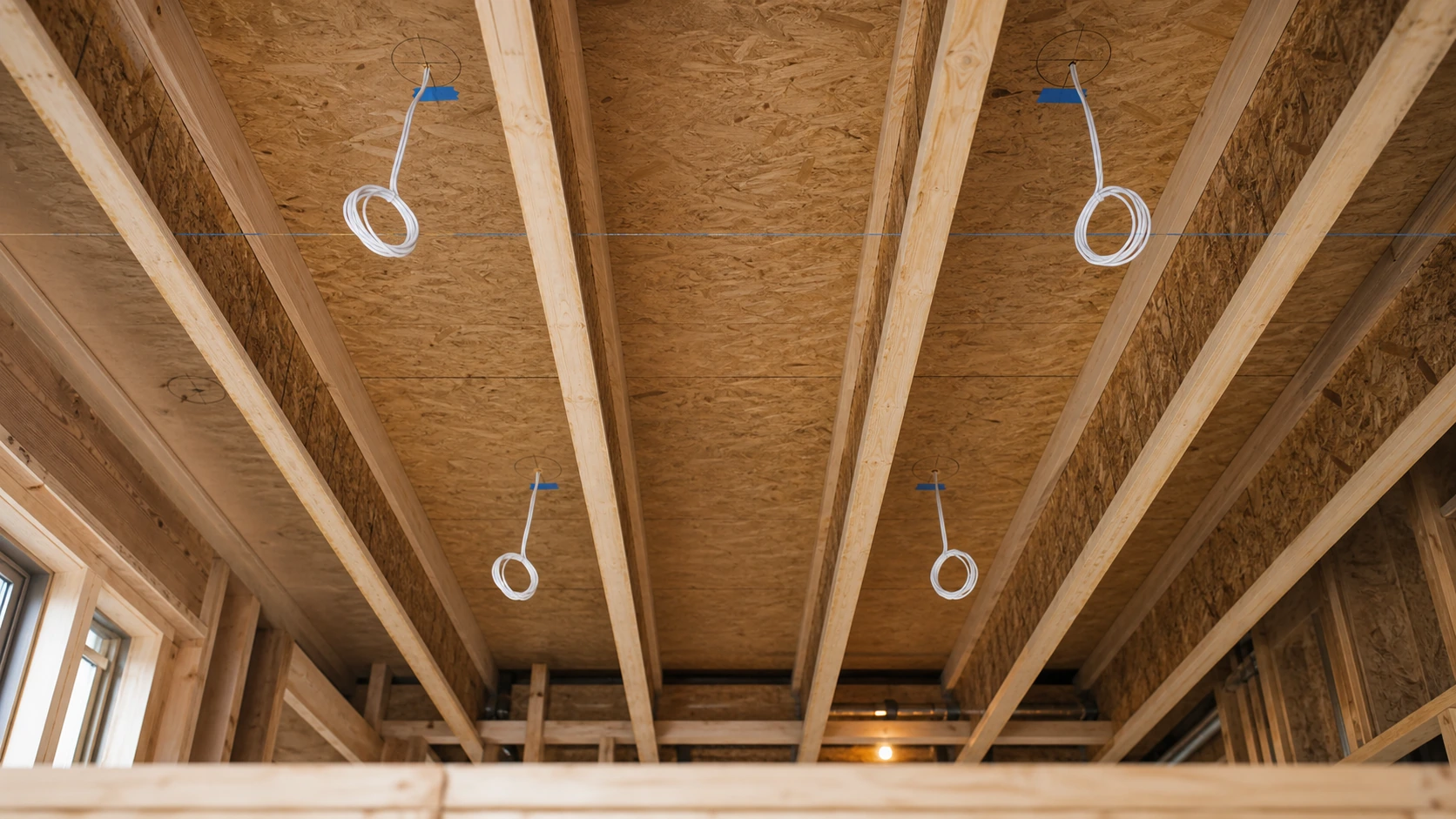 In-ceiling Dolby Atmos rough-in - speaker wire drops hanging from ceiling joists at evenly spaced, marked height-speaker positions in a GTA new build