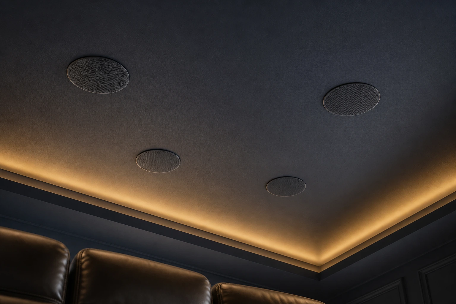 Four flush in-ceiling Dolby Atmos height speakers laid out in a precise rectangular pattern in a finished home theatre ceiling