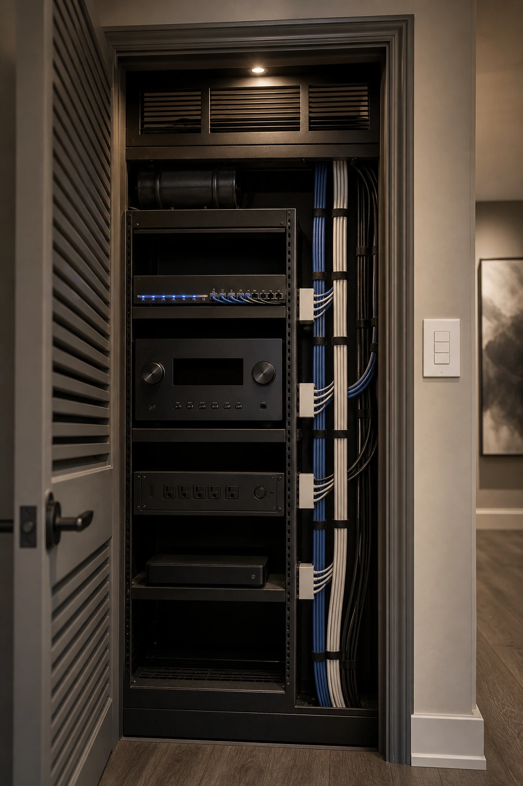 Ventilated residential AV equipment closet with an AV receiver, rack gear, and neatly labelled cable terminations home-run to a central location