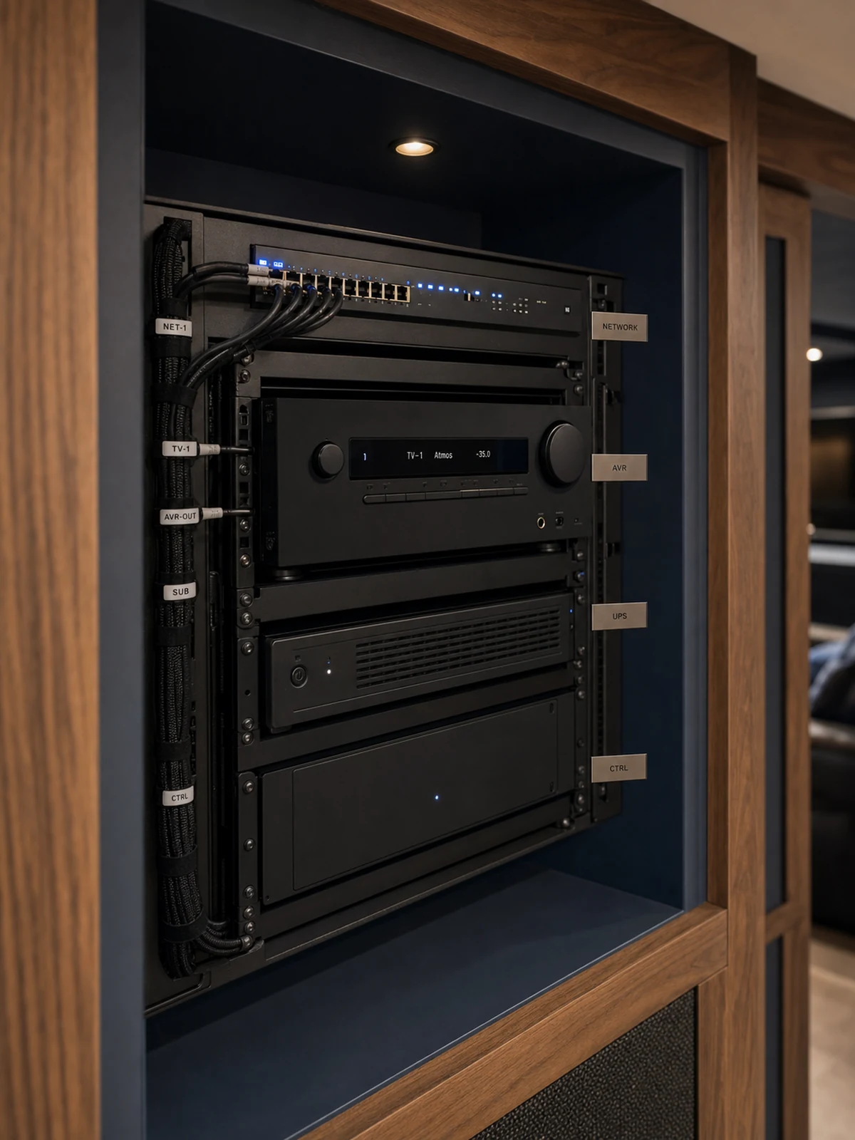 Cleanly cabled AV equipment rack with labelled cables, AV receiver, network switch, UPS, and Control4 controller inside a custom millwork closet in a Markham basement theatre