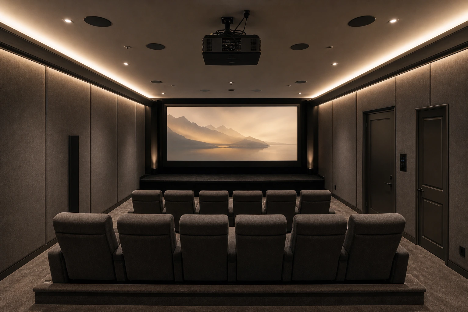 Dedicated home cinema in the basement of an Edenbridge-Humber Valley estate home, Etobicoke — two rows of tiered cinema seating, 130-inch fixed-frame screen, 9.1.6 Atmos layout, fabric-wrapped acoustic walls, dimmed cove lighting on Control4 scene control