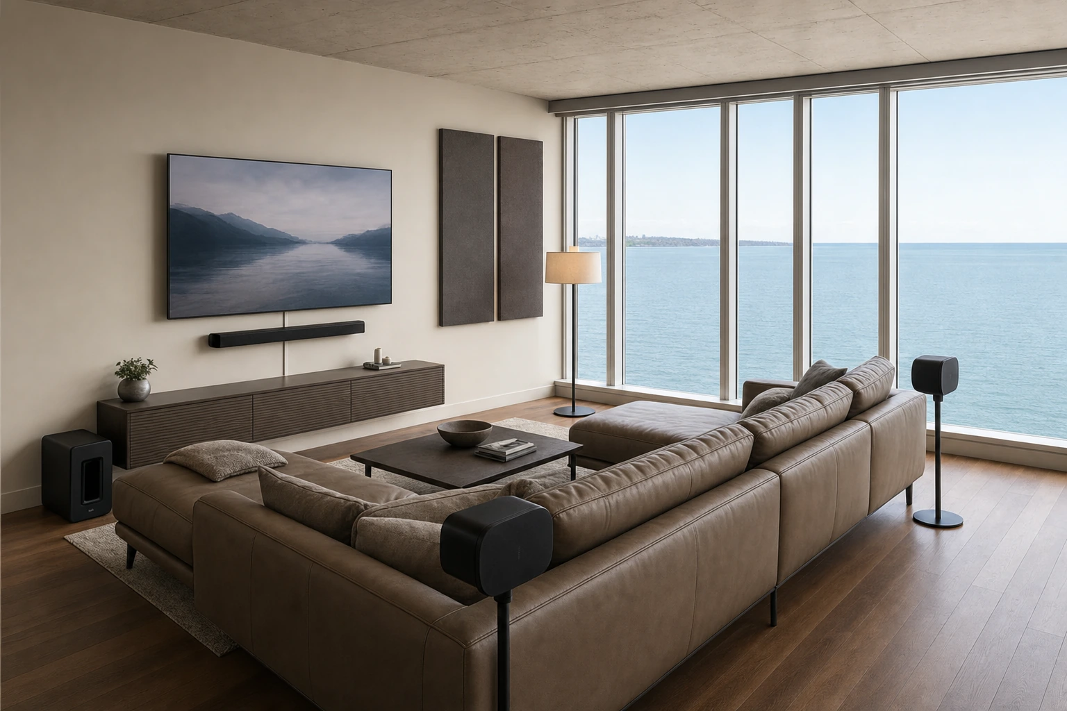 Living-room media room in a Humber Bay Shores Etobicoke condo with a wall-mounted 85-inch 4K display, Sonos Arc Ultra and Era 300 surrounds for 5.1.4 Atmos, acoustic-fabric panel on the window-wall side
