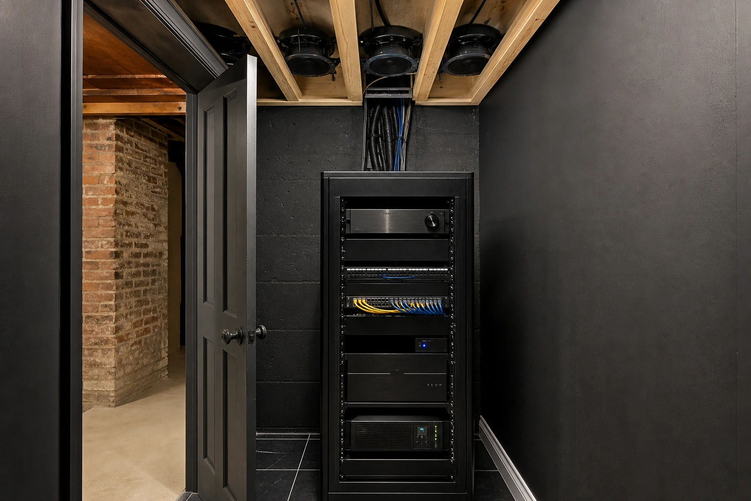 Equipment rack detail in the original full basement of a Kingsway Tudor home, Etobicoke — Marantz Cinema processor, dressed cable bundles, HDBaseT distribution, structural ceiling joists deep enough for in-ceiling Atmos