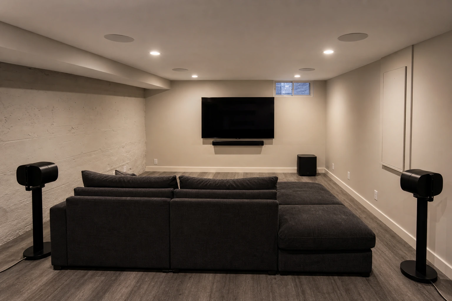 Finished basement media room in a 1940s Mimico Etobicoke detached home with 7-foot ceiling — 75-inch wall-mounted display, shallow-mount in-ceiling Atmos drivers, Sonos Arc Ultra below the screen, sectional seating across the front wall