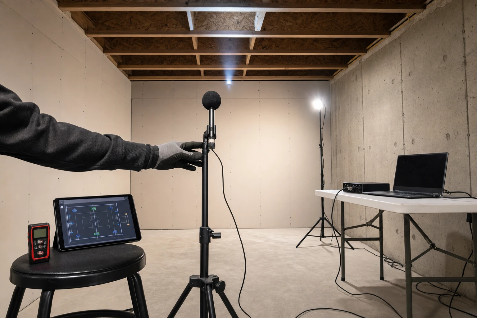 SetupTeam technician with a reference microphone taking acoustic measurements during a home theatre site visit in an Etobicoke basement — laser distance meter and tablet on a tripod, structural joists overhead