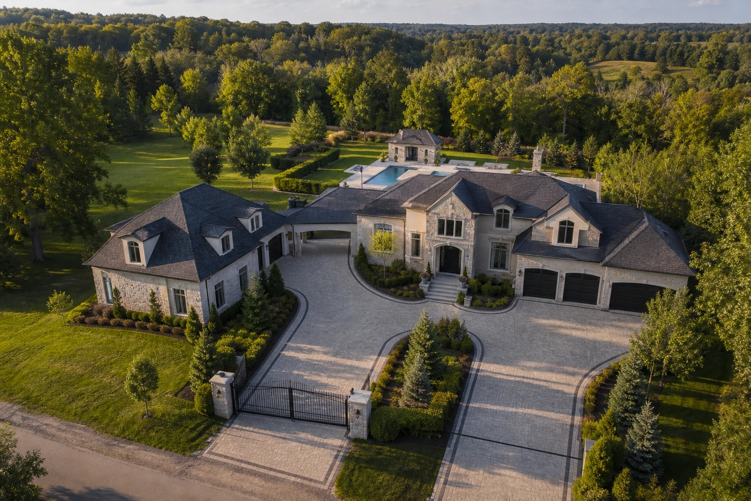 Aerial-style exterior view of a King Township estate property showing the main home, a separate coach house, a pool house at the rear terrace, and a gated driveway — visual reference for the direct-burial Cat6 trench paths and outdoor speaker locations that anchor a multi-structure AV system