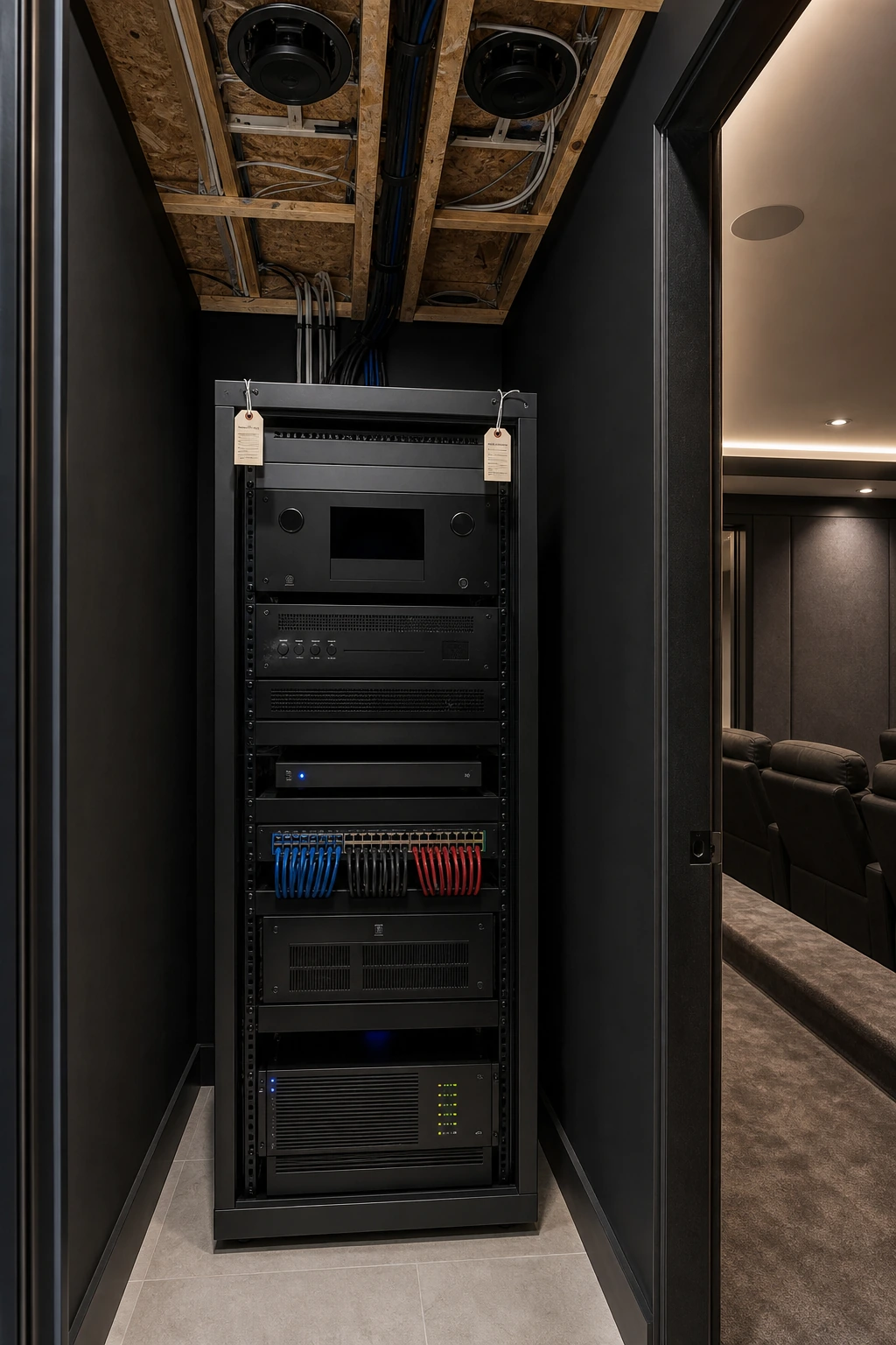 Equipment rack detail in a Kingscross Estates dedicated basement cinema in King City — Trinnov or Marantz processor, dressed Cat6 and HDBaseT patch cabling, Control4 controller, status LEDs visible on the rack, structural ceiling joists overhead deep enough for in-ceiling Atmos drivers
