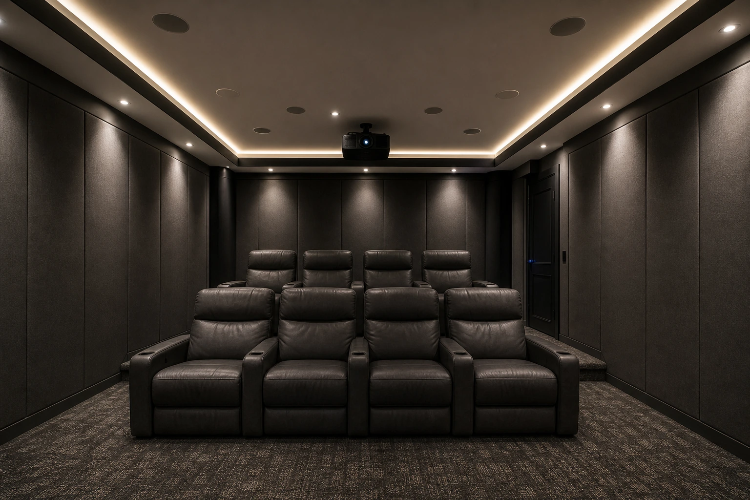 Wide view of a Kingscross Estates dedicated basement cinema in King City — two rows of tiered cinema seating, 130-inch fixed-frame screen on a black-velvet stage, 7.1.4 in-ceiling Atmos layout, fabric-wrapped acoustic walls in warm charcoal, dimmed cove lighting on Control4 scene, separate equipment closet door in the rear corner