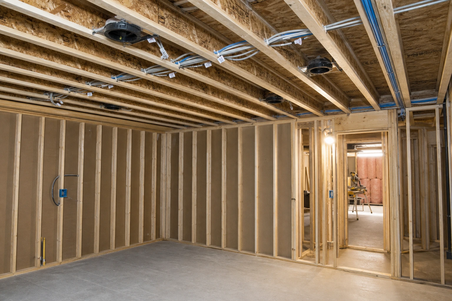Mid-framing phase of a King City custom build showing in-ceiling speaker cable bundles, HDMI 2.1 conduit, Cat6 runs, and labelled back-boxes installed between exposed wood-stud framing and joists before drywall closes