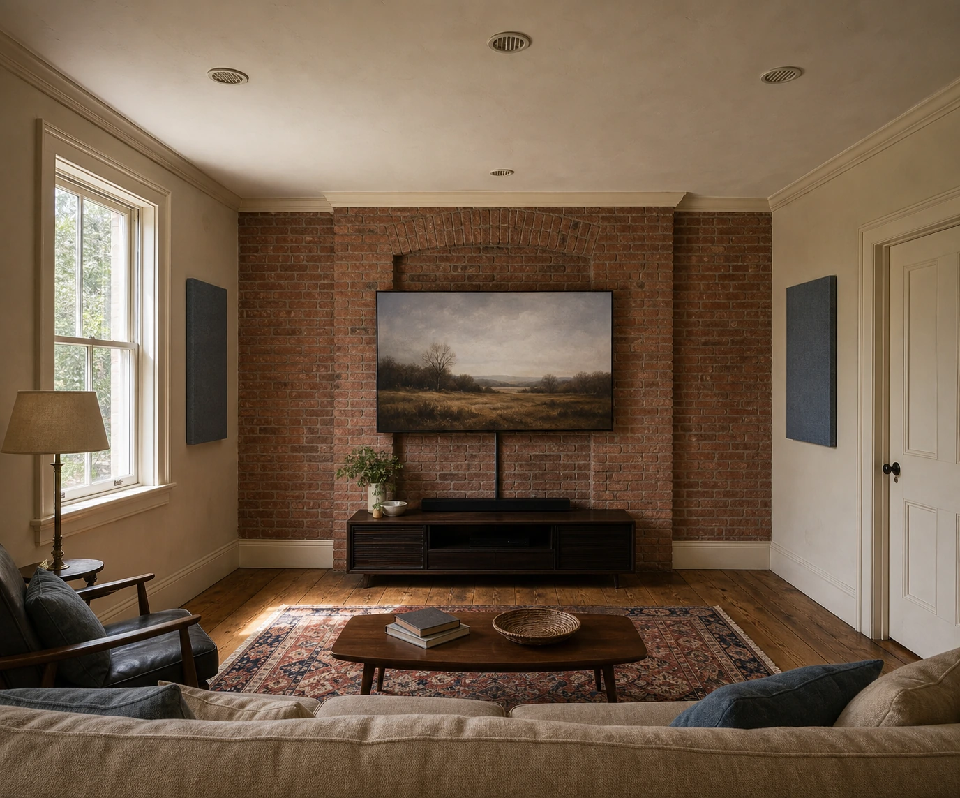 Atmos-equipped media room inside a heritage Nobleton or Schomberg farmhouse retrofit — 5.1.4 in-ceiling speaker layout into the original plaster-and-lath ceiling cavities, a large flat-panel display on the brick chimney wall, period millwork preserved alongside discreet acoustic panels
