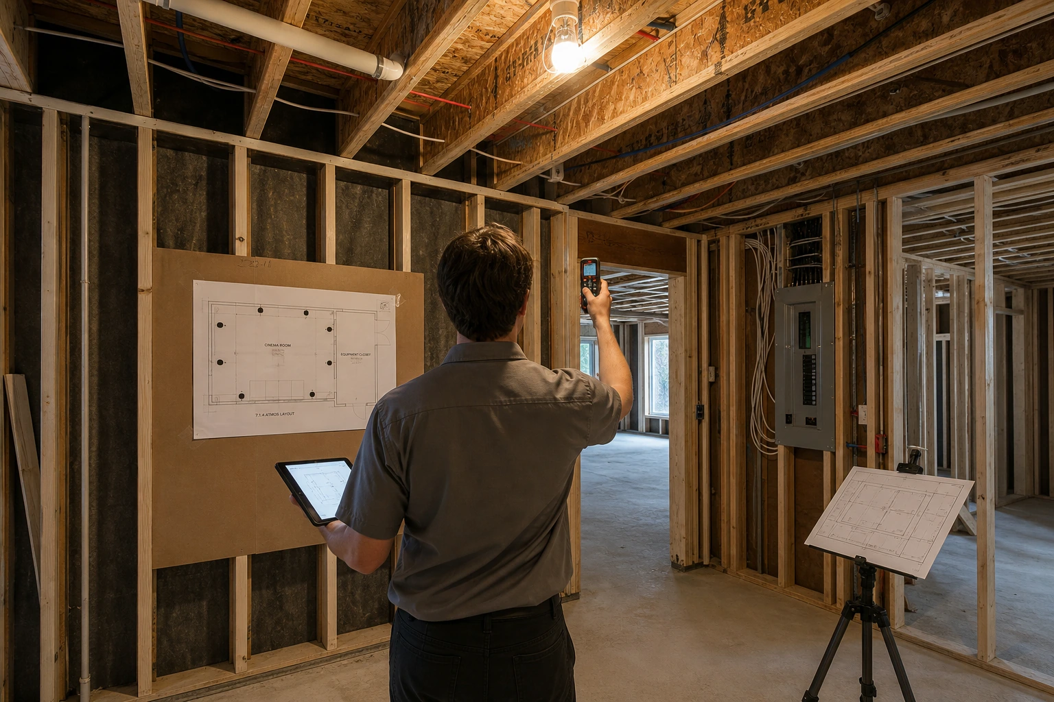 SetupTeam technician on a King City site visit with a tablet, laser distance meter, and printed floor plan — measuring a basement room slated for a dedicated cinema build, joists overhead, framing visible in the background