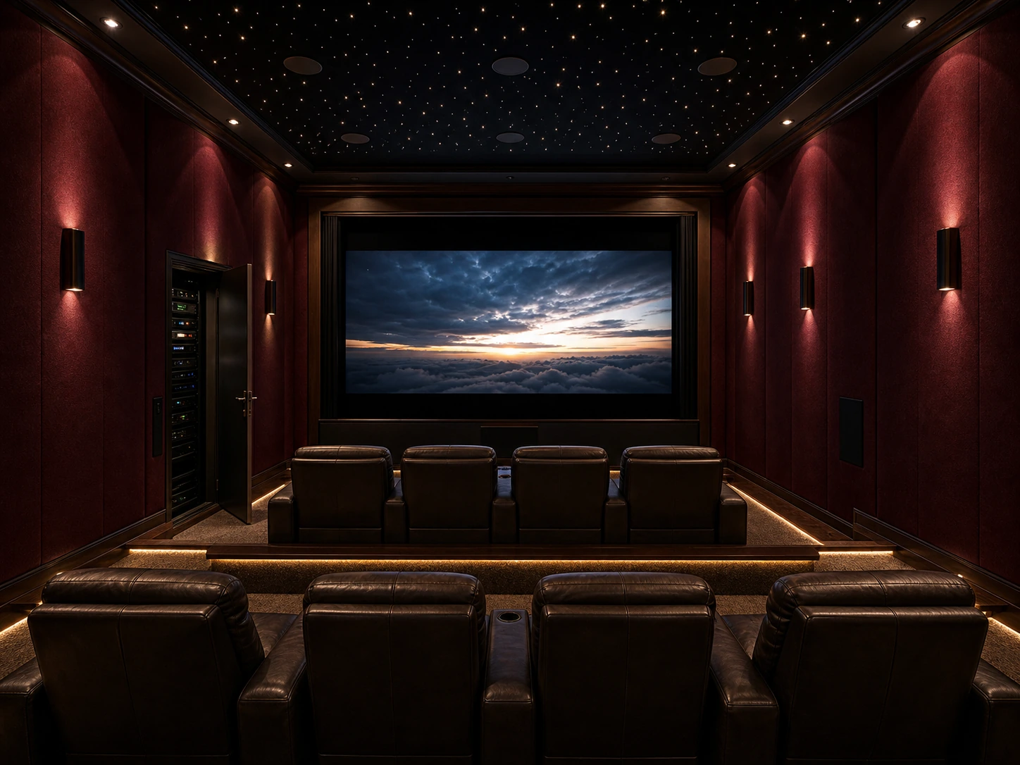 Bridle Path private cinema with tiered seating, fabric-wrapped acoustic side walls, a 130-inch fixed-frame screen, motorised masking, 7.1.4 in-ceiling and in-wall Dolby Atmos speakers, and dimmed cove lighting