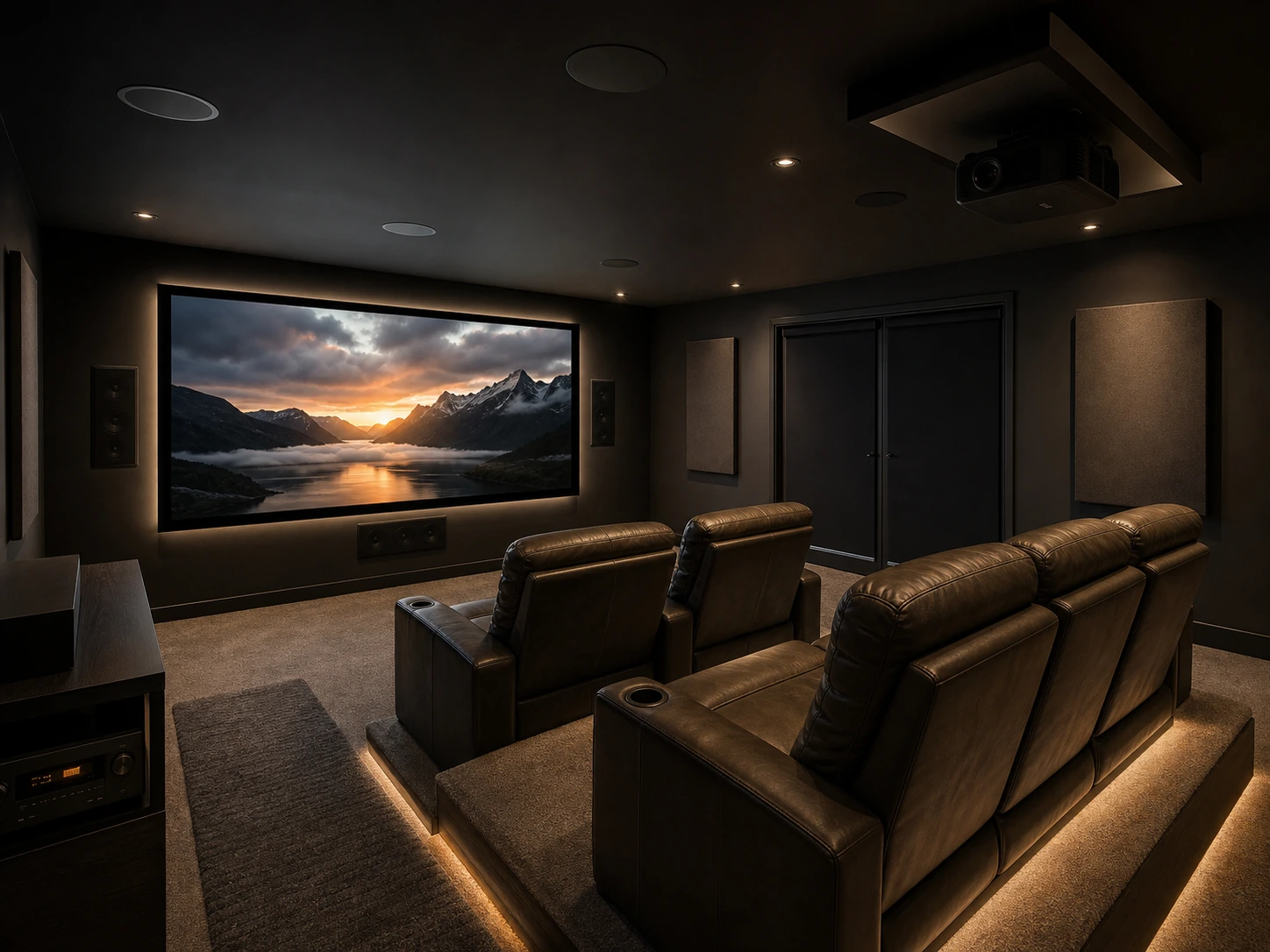Don Mills walkout basement with conventional drywall ceiling, in-ceiling Dolby Atmos height speakers in a clean 5.1.4 layout, 110-inch motorised screen, and a 4K laser projector mounted to a soffit