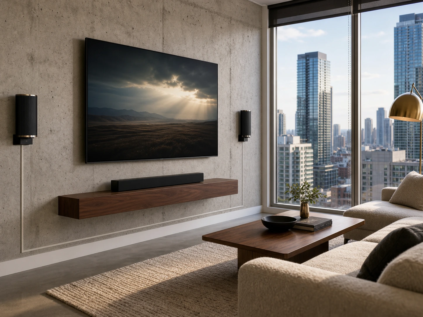 Yonge & Sheppard high-rise condo living room with a wall-mounted 85-inch 4K display on a poured-concrete demising wall, Sonos Arc Ultra and Era 300 surrounds, and a slim painted raceway concealed along the baseline