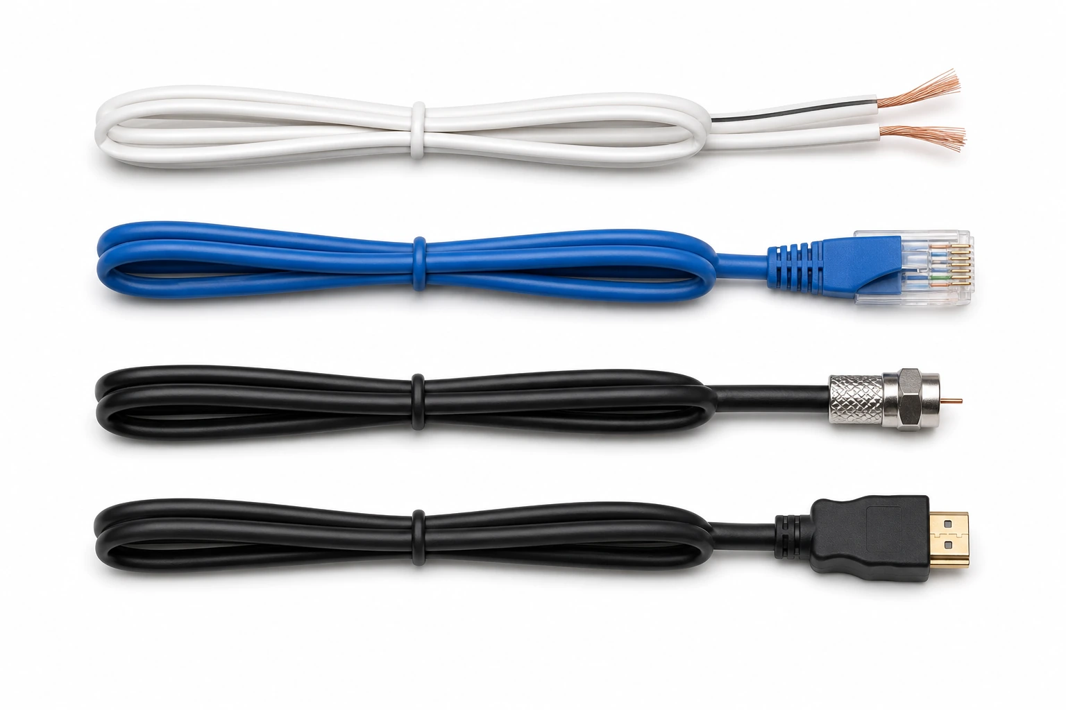 Flat lay of the four home theatre pre-wiring cables on a white surface - CL2-rated in-wall speaker wire, blue Cat6, black RG6 coax, and an HDMI cable