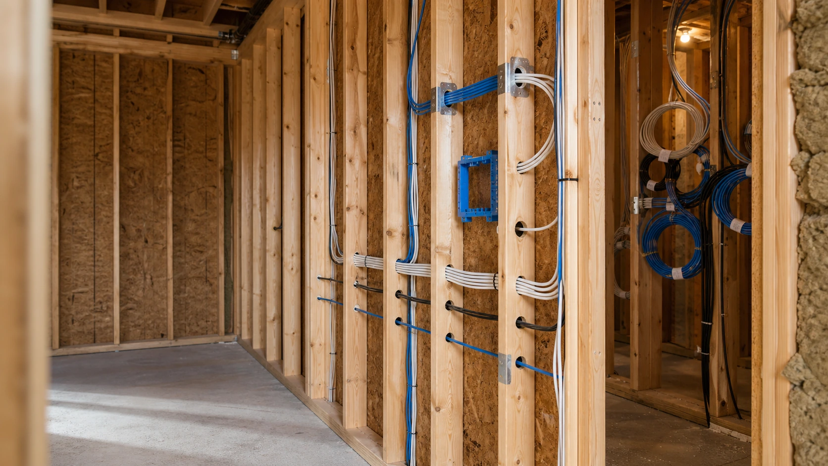 Open wall framing during a GTA renovation with speaker wire and Cat6 cables stapled and run cleanly through the studs before insulation and drywall