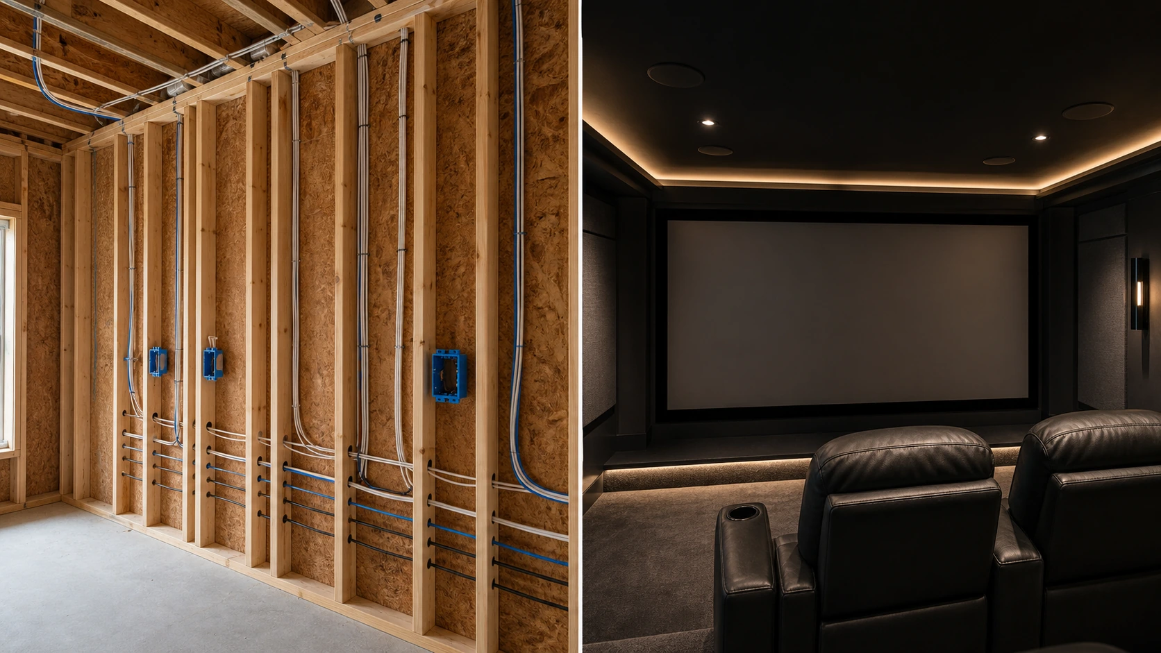Two-panel before and after - open wall framing with roughed-in home theatre cables on the left, the same finished dedicated home theatre with screen and in-ceiling speakers on the right
