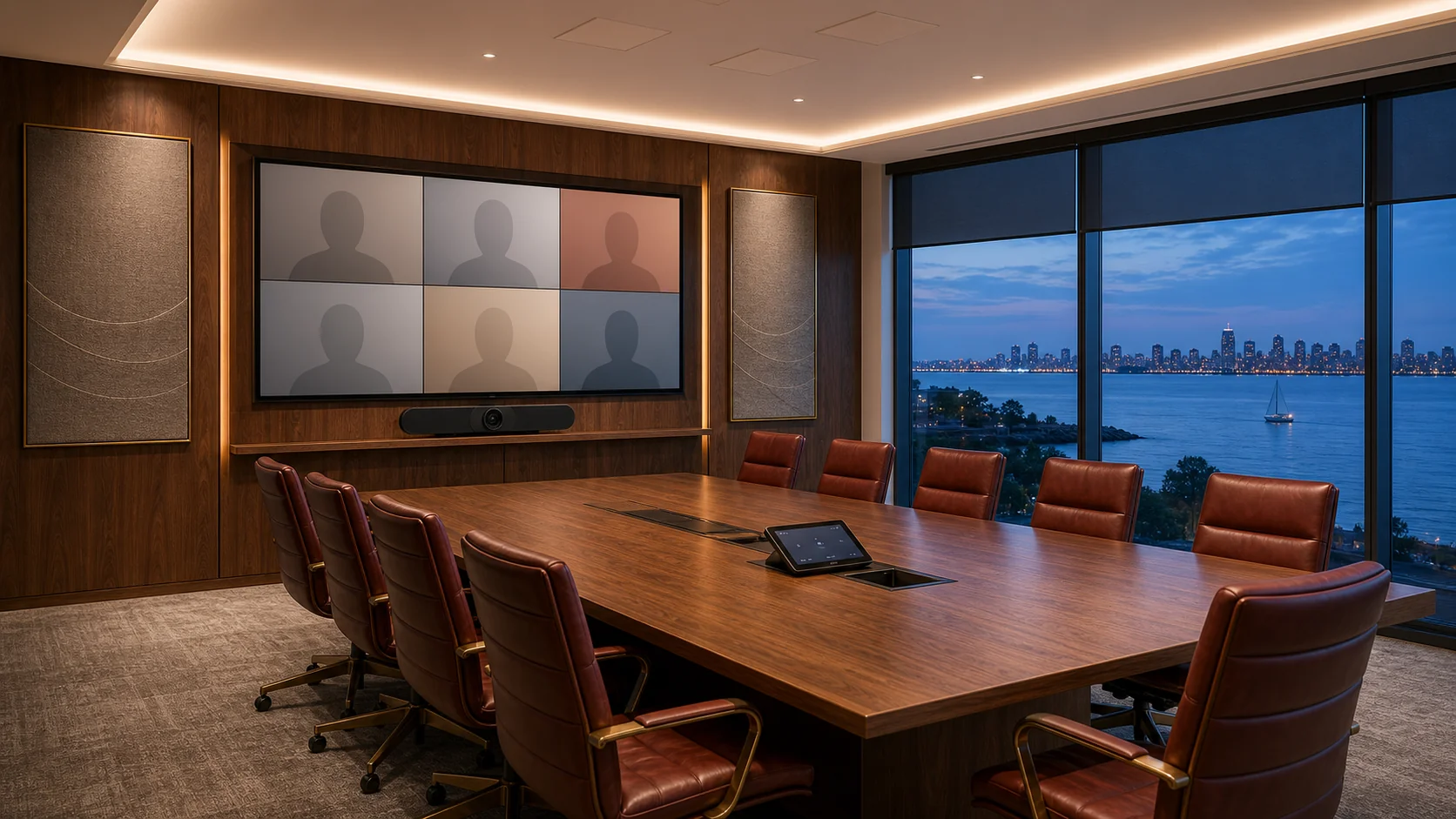 Humber Bay Shores Etobicoke waterfront-tower boardroom showing Shure MXA920 ceiling microphone tiles in the acoustic ceiling, a Logitech Rally Bar Pro at the front below a 98-inch commercial display, ten leather chairs around a walnut conference table, fabric-wrapped acoustic wall panels in warm grey, evening view across Lake Ontario through the glass