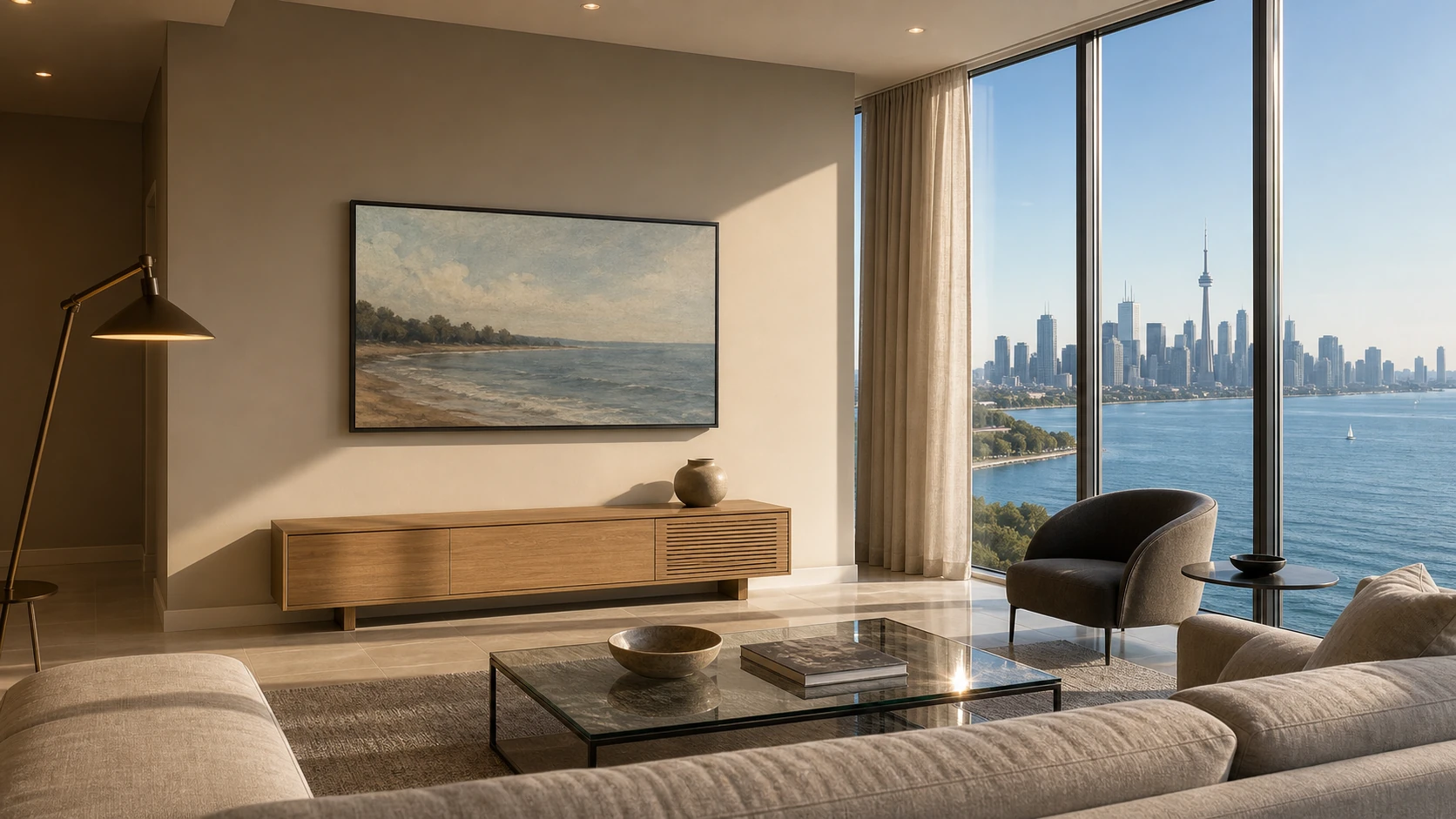 Finished Humber Bay Shores 30th-floor west-facing condo great room at late May afternoon with Lake Ontario and the Toronto skyline visible through floor-to-ceiling glass, a 65-inch Samsung Frame TV mounted flush on the interior partition wall with a Modern matte-black bezel, screen showing a quiet lake-landscape painting in Art Mode, low rift-oak media console below