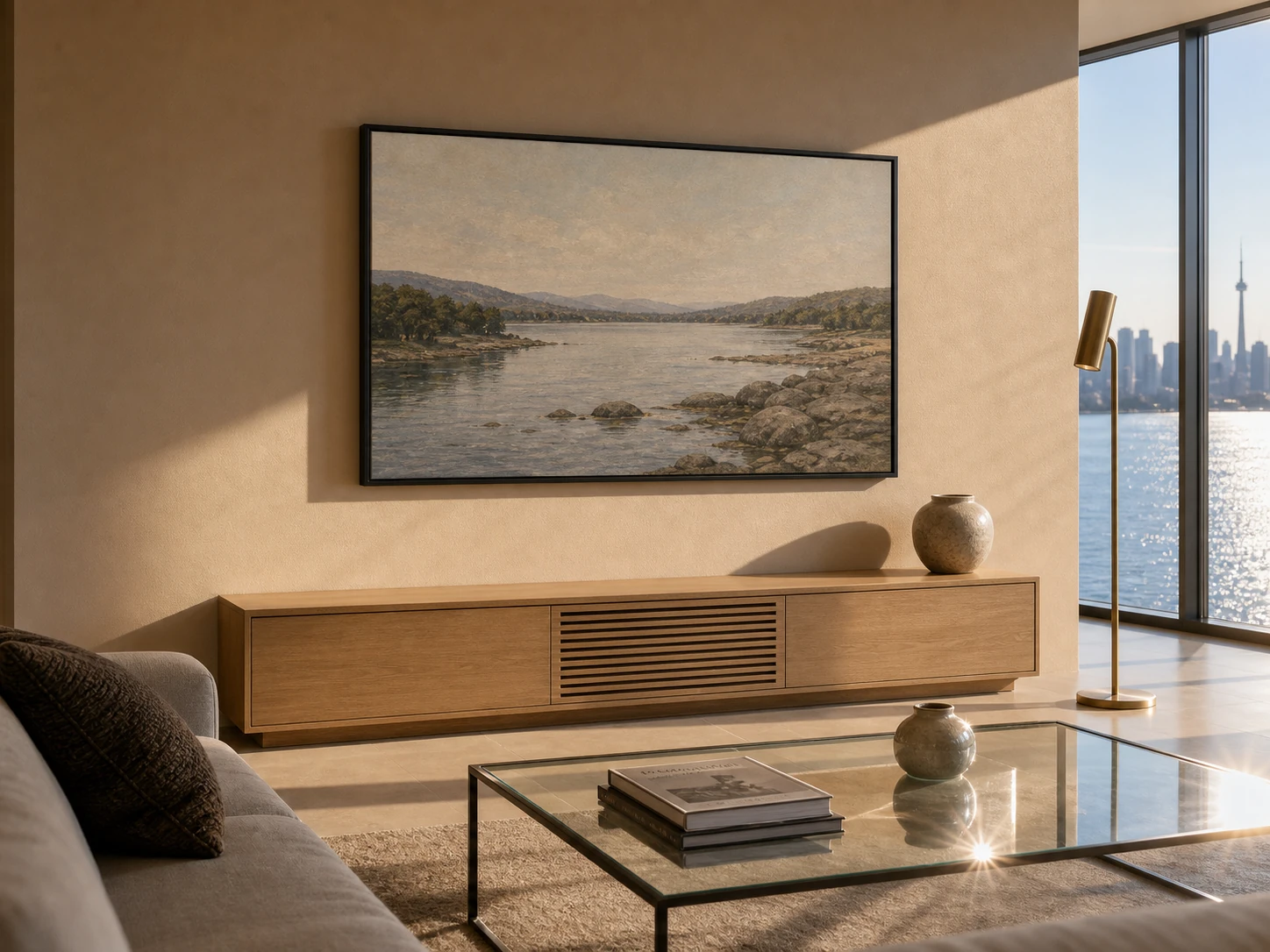 Detail view of a Samsung Frame TV in a Humber Bay Shores condo at peak late-afternoon west-facing sun, the matte screen reading clearly with no specular reflection while surrounding glossy surfaces (a coffee table, a vase) show hard sun highlights — direct visual demonstration of the matte anti-glare advantage in lake light