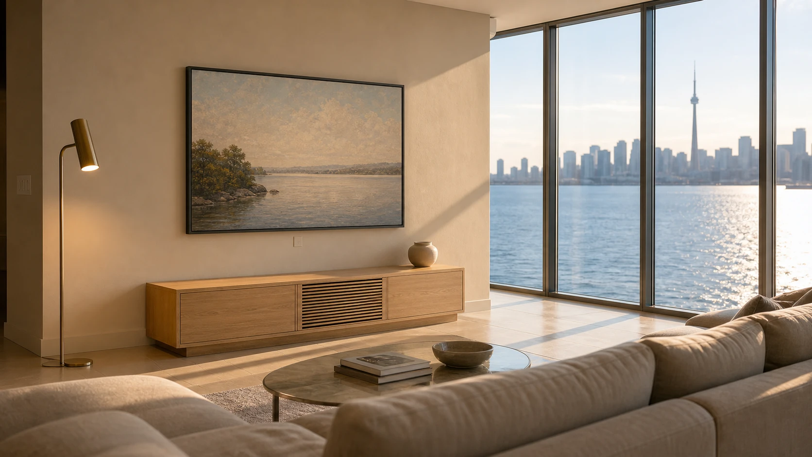 Humber Bay Shores high-floor condo great room with floor-to-ceiling glass showing Lake Ontario and the Toronto skyline at late afternoon, a 65-inch Samsung Frame TV mounted flush on the interior partition wall opposite the glass, low rift-oak media console with the One Connect Box concealed on a vented shelf inside