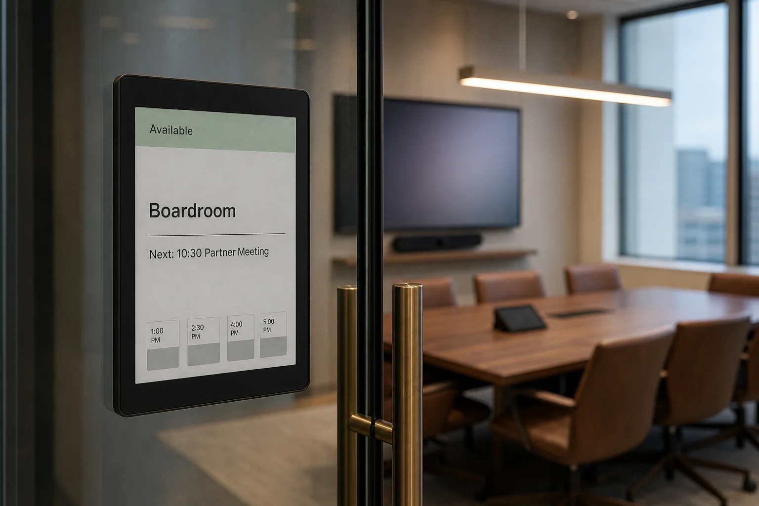 Battery-powered e-ink room-scheduling panel mounted on a glass-fronted boardroom door in a Kingsway BIA boutique professional-services office showing 'Available — Next: 10:30 Partner Meeting' in clean sans-serif type, the boardroom visible through the glass