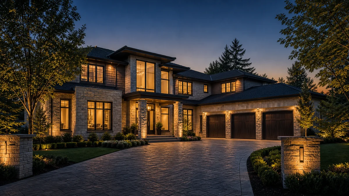 Custom Joshua Creek Oakville estate home exterior at dusk with warm interior lighting glowing across multiple windows and architectural stone facade, mature trees in foreground