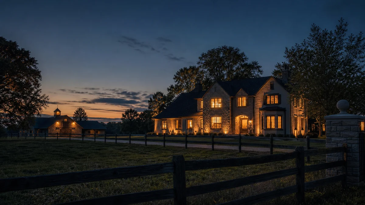 King Township equestrian estate at dusk with stone manor house and stable in background, mature trees and paddock fence in foreground — Control4 smart home