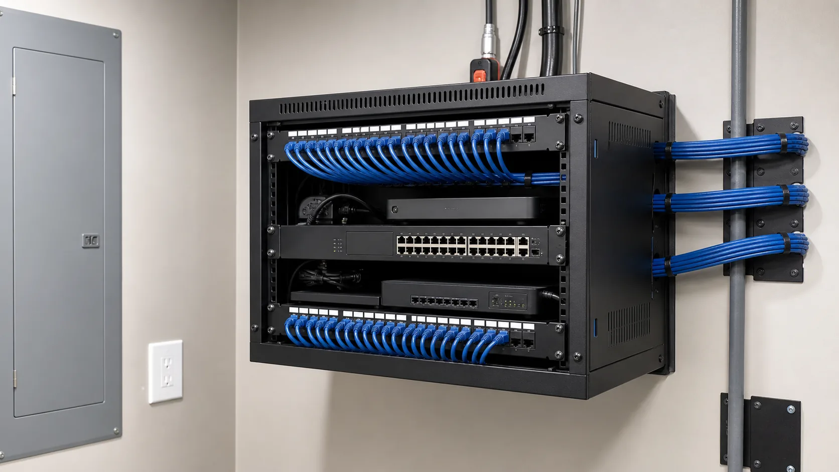 Wide wall-mounted residential network rack with Cat6 patch panels, managed switch, and organized blue cable runs