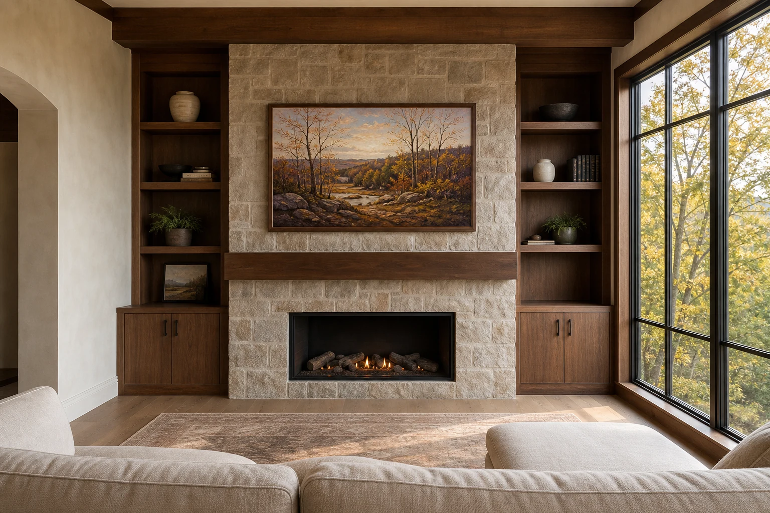 Kingscross Estates King City principal-floor great room at late afternoon with a 75-inch Samsung Frame TV running Art Mode above a stone-clad gas-fireplace surround, Beveled walnut bezel, west-facing ravine-vista window wall filtering warm afternoon light through deciduous canopy, warm wide-plank engineered hardwood, French-country-influenced limewashed wall finish