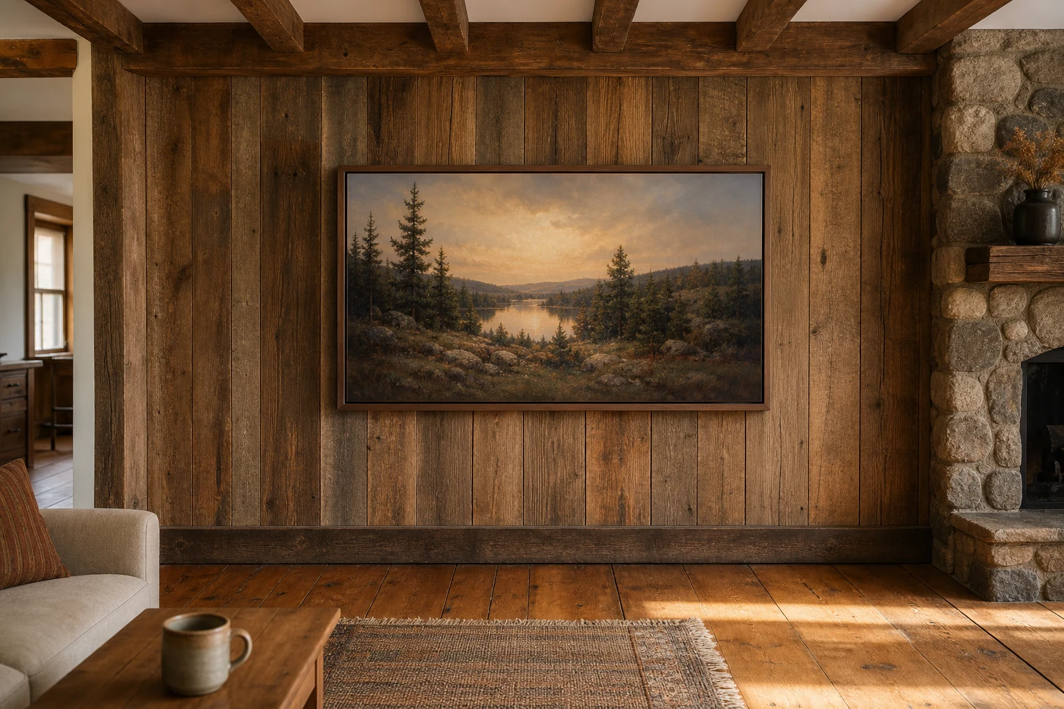 Schomberg heritage farmhouse interior in King Township with a 55-inch Samsung Frame TV mounted flush against an exposed barn-board feature wall, Beveled walnut bezel matched to original wide-plank pine floor and warm exposed beam ceiling, screen displaying a quiet warm Canadian landscape painting in Art Mode