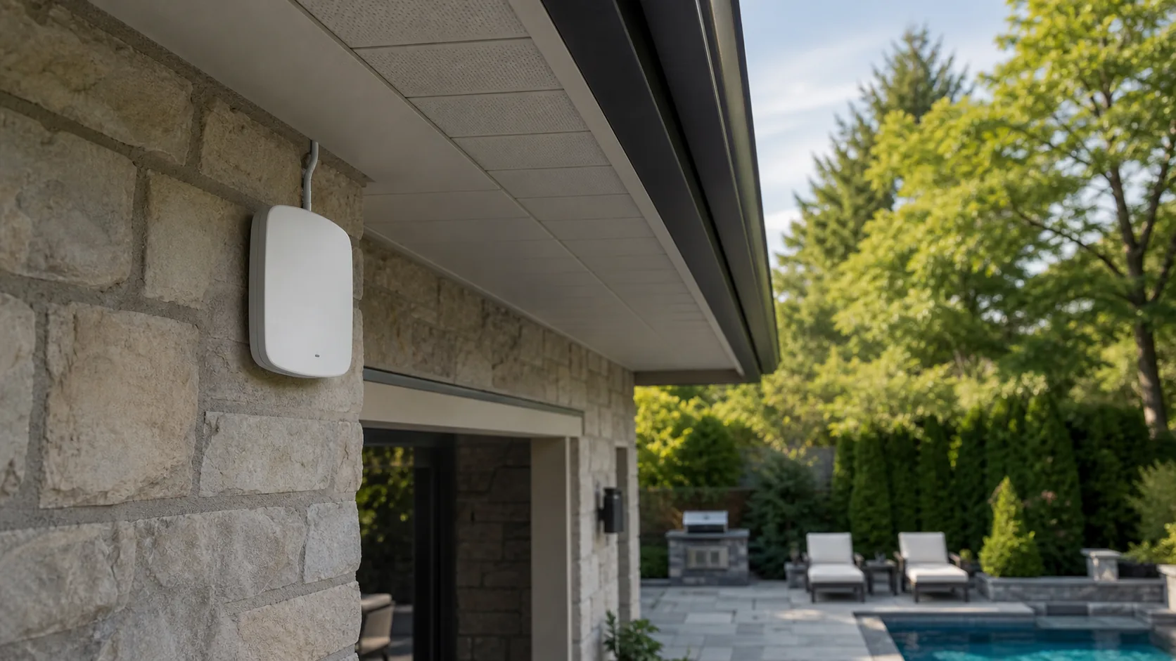 Weather-rated outdoor Wi-Fi access point mounted beneath a stone pool house eave in King Township