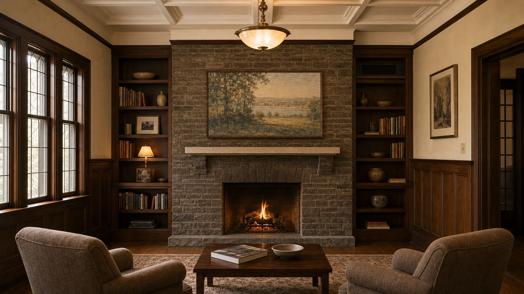 Original Kingsway Park 1912 Home Smith Tudor great room with gumwood wainscotting, plaster walls, a wood-burning masonry fireplace flanked by built-in bookcases, a 65-inch Samsung Frame TV mounted flush above the limestone mantel with a Beveled walnut bezel, Art Mode showing a soft impressionist landscape