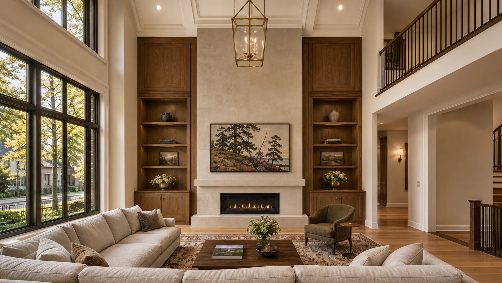 Finished Kleinburg estate detached double-height open-to-second-floor great room with a 5.4-metre full-height honed-limestone fireplace surround clad from floor to ridge, a 75-inch Samsung Frame TV mounted flush at 145cm screen-centre in the lower third of the towering surround with a Beveled walnut bezel, Art Mode displaying a Tom Thomson Algonquin pine study, basement AV closet implied below the great room floor