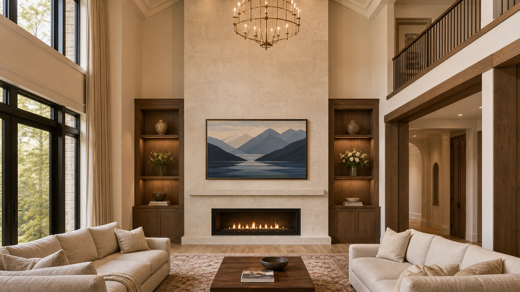 Kleinburg estate detached principal great room on a 70-foot lot with a 5-metre double-height ceiling, a full-height honed-limestone slab fireplace surround approximately 2.2 metres wide, a 75-inch Samsung Frame TV flush-mounted at the seated sightline with a Beveled walnut bezel matched to warm rift-cut oak millwork, Art Mode displaying a soft Lawren Harris-influenced Lake Superior abstraction