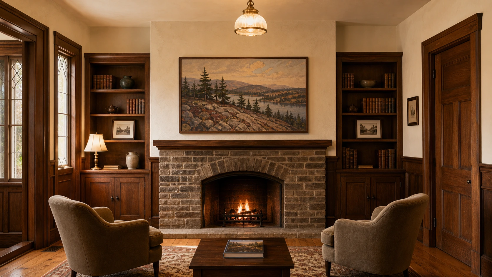 Kleinburg-Nashville Heritage Conservation District 19th-century village interior with original plaster walls, original gumwood wainscotting and door trim, an original brick or fieldstone fireplace, and a 55-inch Samsung Frame TV mounted flush above the mantel with a Beveled walnut bezel, Art Mode displaying a Tom Thomson or A.Y. Jackson-influenced landscape painting