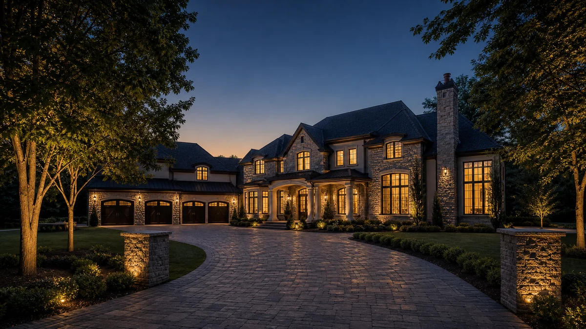 Grand Kleinburg Vaughan estate home exterior at dusk with warm interior lighting and architectural stone facade — Control4 smart home