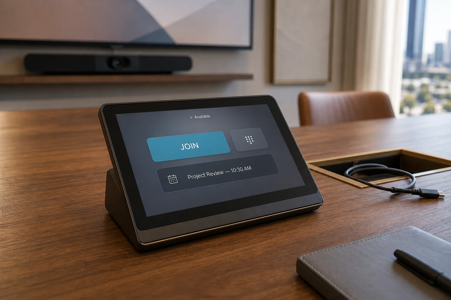 Close-up of a Logitech Tap IP or Poly TC10 controller on a walnut conference table showing the Microsoft Teams Rooms home screen with the next scheduled meeting and a one-tap join button