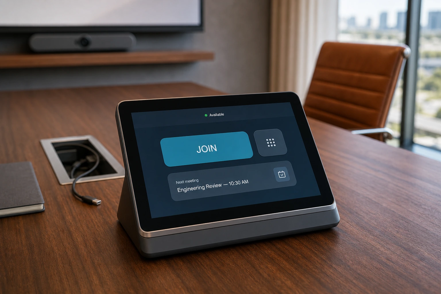Close-up of a Logitech Tap IP or Poly TC10 controller on a walnut conference table showing the Microsoft Teams Rooms home screen with the next scheduled meeting and a one-tap join button