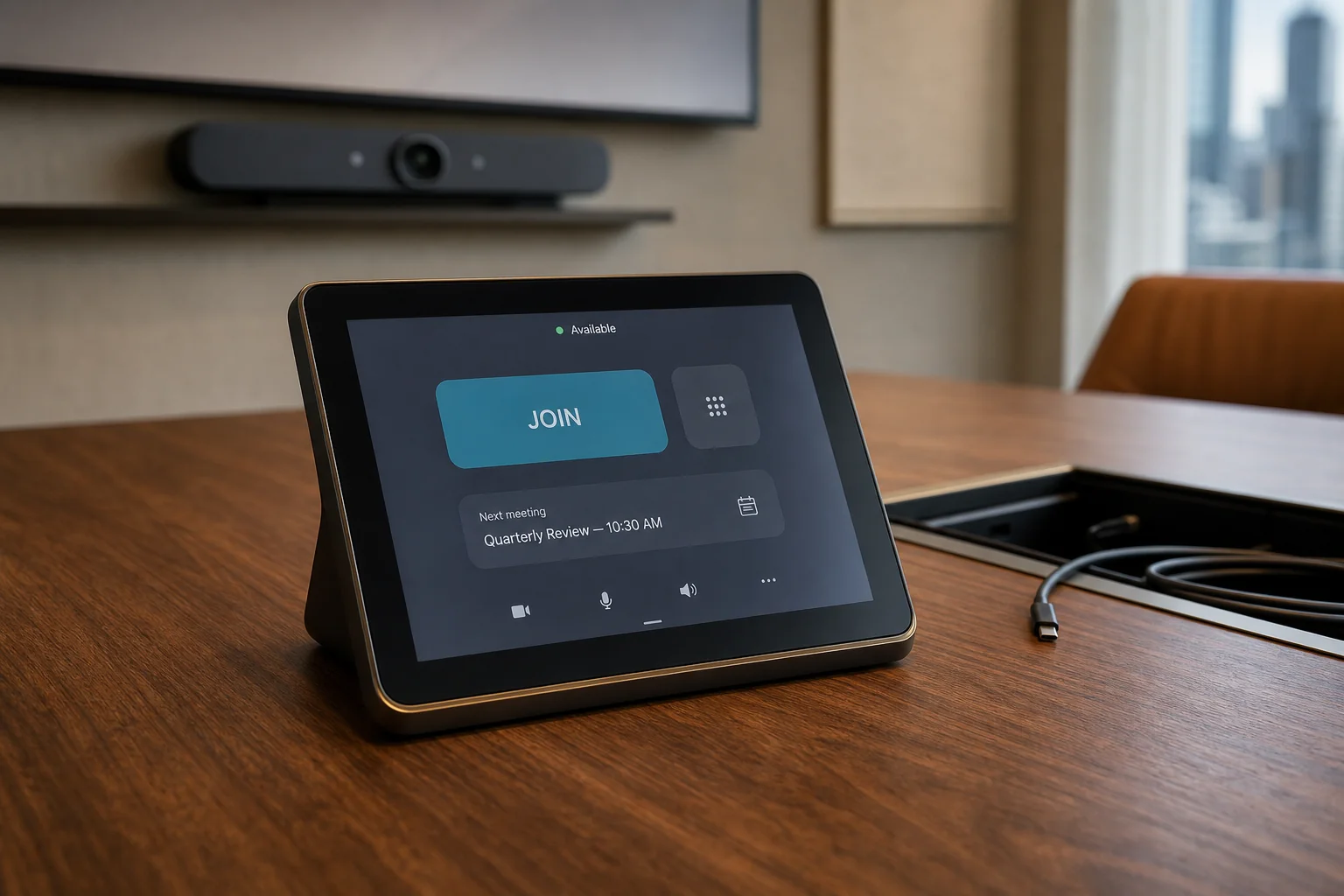Close-up of a Logitech Tap IP or Poly TC10 controller on a walnut conference table showing the Microsoft Teams Rooms home screen with the next scheduled meeting and a one-tap join button