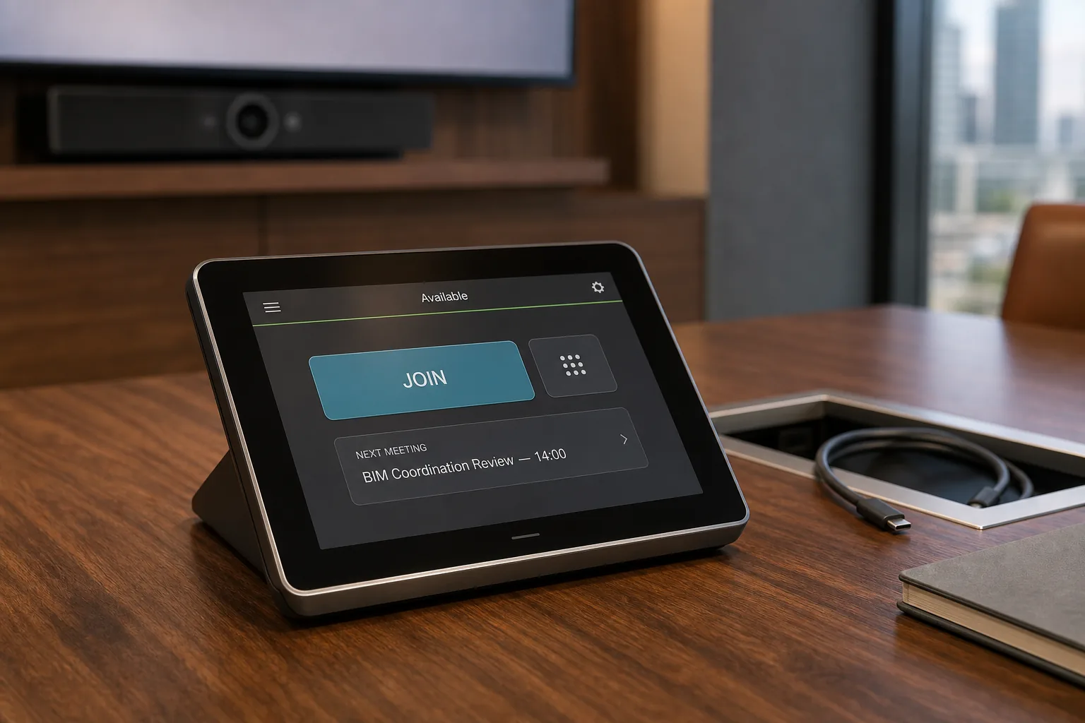 Close-up of a Logitech Tap IP controller on a walnut conference table showing the Microsoft Teams Rooms home screen with the next scheduled meeting and a one-tap join button