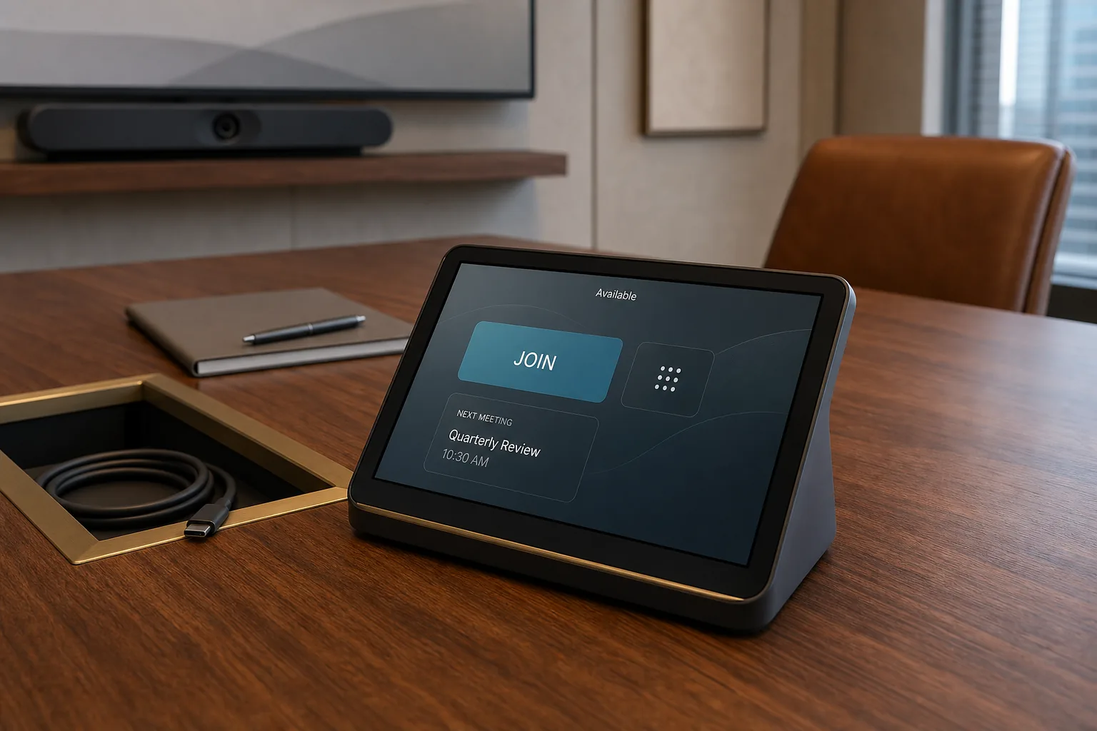 Close-up of a Logitech Tap IP or Poly TC10 controller on a walnut conference table showing the Microsoft Teams Rooms home screen with the next scheduled meeting and a one-tap join button