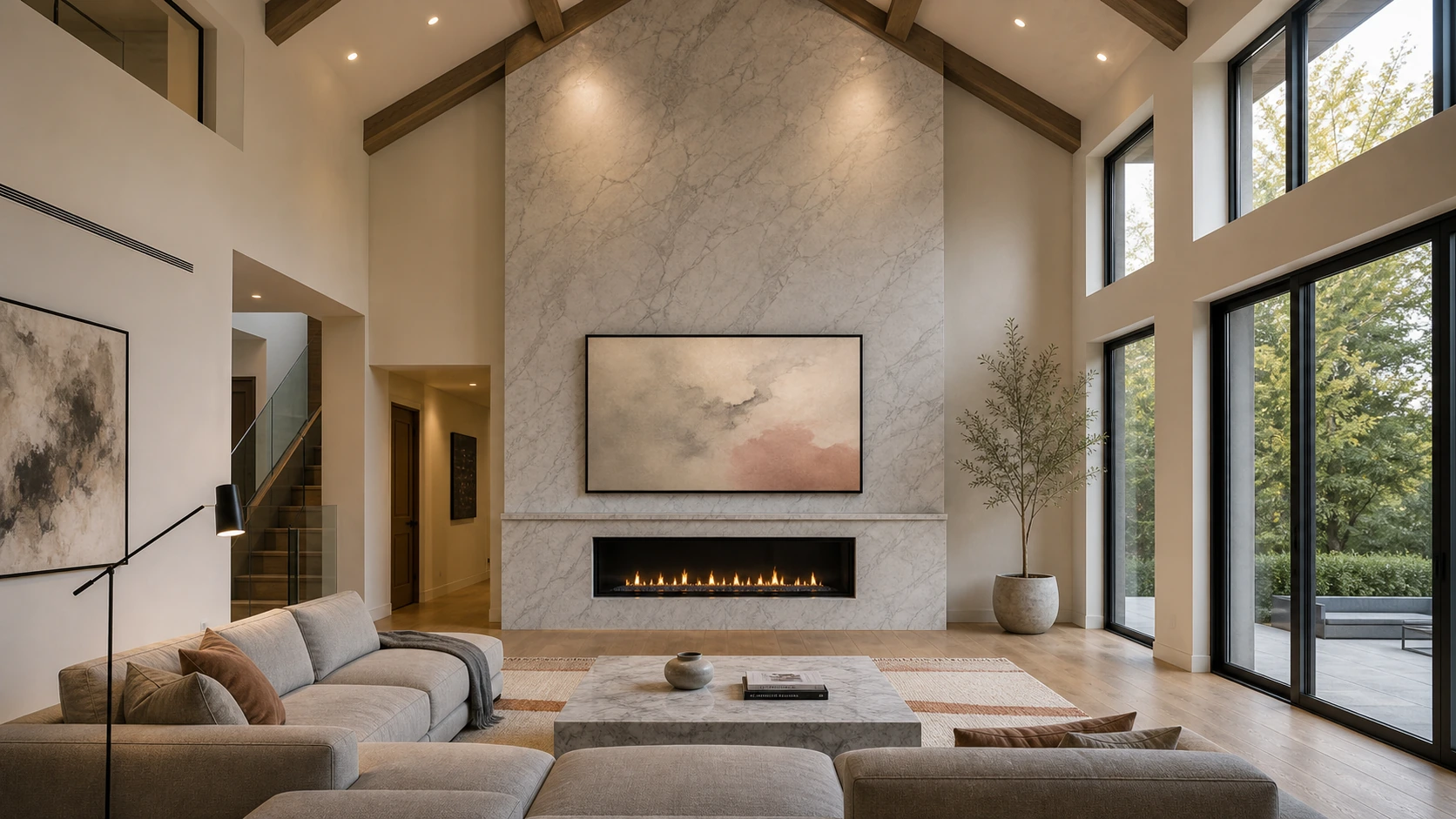 Lorne Park or Mineola contemporary luxury detached principal great room with a 6-metre double-height cathedral ceiling, a 4.5-metre-wide full-height honed-marble fireplace surround in slab form with mitred returns, an 85-inch Samsung Frame TV flush-mounted at the seated sightline on the marble surround with a Modern matte-black bezel against a cooler modern-luxury palette, white-oak millwork, pale-grey marble, Art Mode displaying a soft contemporary abstract