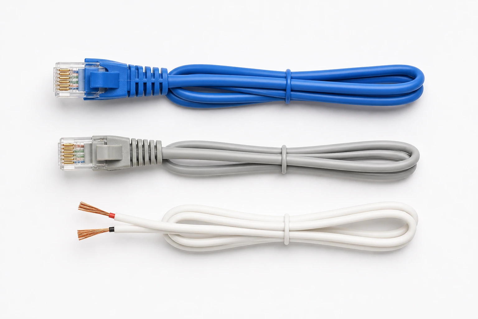 Flat lay of low voltage cables on a white surface - blue Cat6, light-grey Cat5e, and white two-conductor in-wall speaker wire side by side
