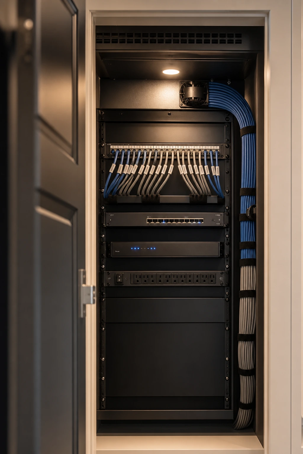 Clean residential network media closet with a patch panel, network rack, and organized labelled cable terminations home-run to a central location